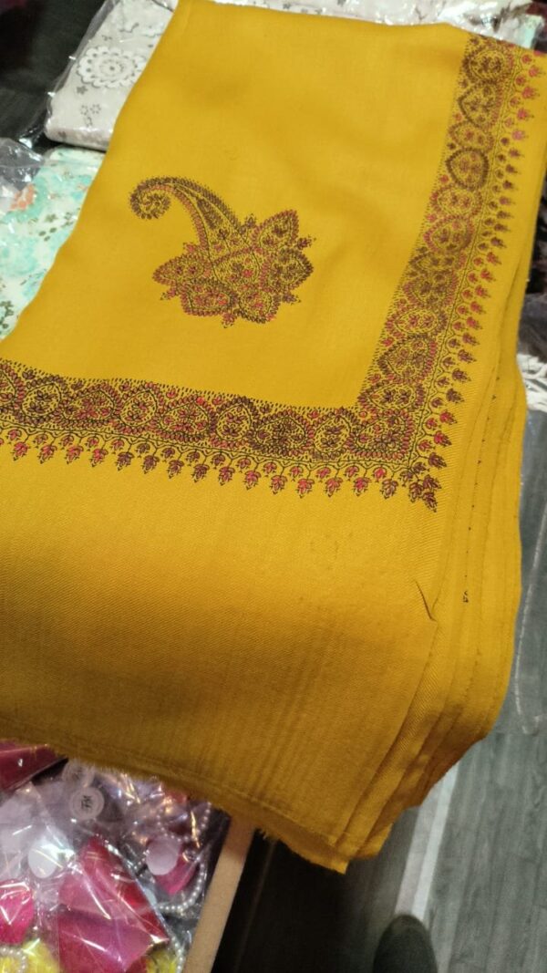 Mustard Yellow pashmina shawl for women with full border printed and sui kaam