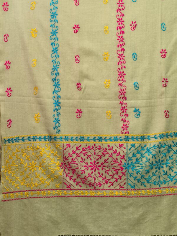 shade of brown color offwhite woolen Shawl with traditional colorful hand embroidery