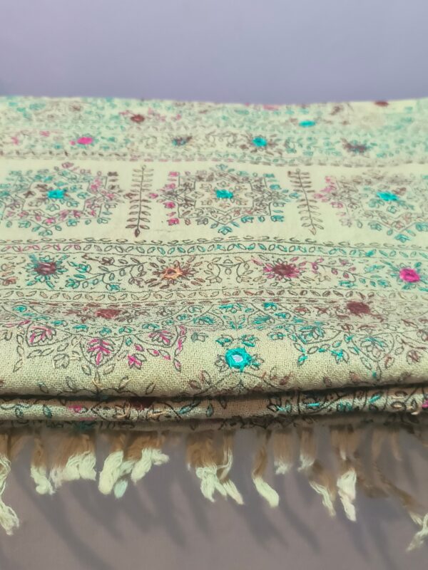 Creamy Swati Woolen Shawl with shisha Embroidered